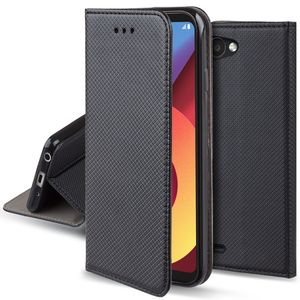 Moozy Hülle Flip Case für LG Q6, Schwarz - Dünne Magnetische Klapphülle Handyhülle mit Kartenfach und Standfunktion