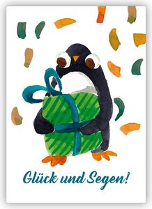 Süße gemalte Grußkarte mit Pinguin und Geschenk als Glückwunschkarte zum Übertritt, Einschulung, Geburtstag und alle neuen Wege: Glück und Segen