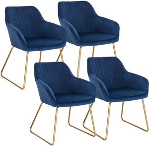 WOLTU 4er-Set Esszimmerstühle Küchenstuhl Wohnzimmerstuhl mit Armlehnen Sitzfläche aus Samt Gold Beine aus Metall Blau