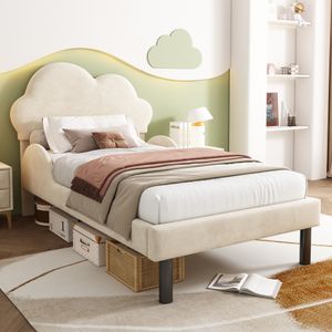 Flieks Polsterbett 90x200cm mit Lattenrost, Kinderbett Jugendbett mit Wolkenförmigem Kopfteil, Klassisches Bett Massivholzbett Einzelbett, Samt, Beige