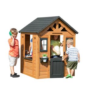 Backyard Discovery Spielhaus Sweetwater aus Holz | Outdoor Kinderspielhaus für den Garten inklusive Zubehör | Gartenhaus für Kinder mit Fenstern in Braun & Schwarz