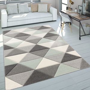 Wohnzimmer Teppich Grün Grau Pastellfarben Kurzflor Retro Design Dreieck Muster Grösse 160x230 cm