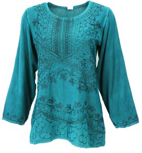 Bestickte Indische Hippie Langarm Tunika, Boho-chic Bluse - Türkis, Damen, Viskose, Blusen & Tunikas