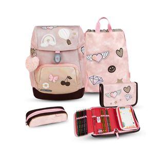 Belmil Premium ergonomischer Schulranzen Set 5 -teilig für Mädchen Für kleine Kinder, Erstklässler/Brustgurt, Hüftgurt/Magnetverschluss/Rosa (405-73/P/S Glam)