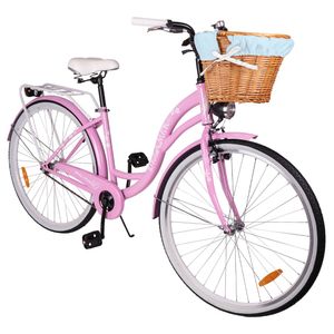 Maltrack mestský bicykel Dreamer s modrým košíkom, 1 rýchlosť, 28 palcov, zadné svetlá, nosič batožiny, zvonček, mestský bicykel dámsky, ružový