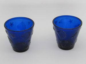 2er Set Windlicht Glas  Blau Muscheldekor  8,5 x 8,5  cm