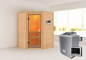 Woodfeeling Sauna Antonia (Eckeinstieg), Ganzglastür, bronziert, Ofen 9 kW externe Steuerung easy