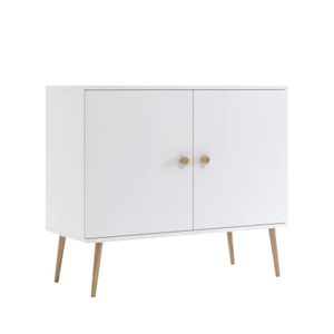 Bettso Kommode mit 2 Türen minimalistisches Sideboard im skandinavischen Stil auf Holzbeinen Griffe aus Jute für Wohnzimmer Schlafzimmer 100 IKON Weiß