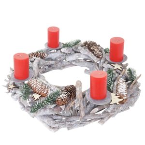 Tischkranz XXL rund, Weihnachtsdeko Adventskranz, Holz Ø 48cm weiß-grau  mit Kerzen, rot