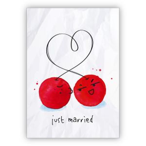 4x Lustige Hochzeitskarte mit Herz und küssenden Kirschen als Glückwunsch für das Brautpaar: just married