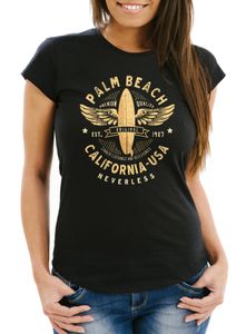 Damen T-Shirt Surfing Motiv Vintage Effekt Palm Beach California USA Schriftzug Fashion Streetstyle Slim Fit Neverless® schwarz S