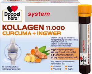 Doppelherz systém Kolagen 11 000 Curcuma + Zázvor roztok pro normální funkci chrupavek a podporu normálního stavu kostí, 30 lahviček na pití