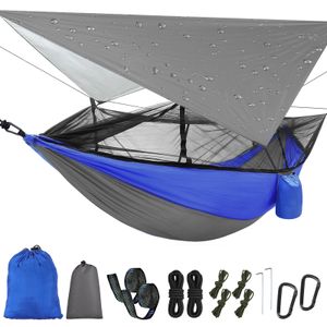 Topchances Camping Hammock s moskytiérou a plachtou, cestovní plachta pro outdoor, turistiku, treking (šedá + modrá)