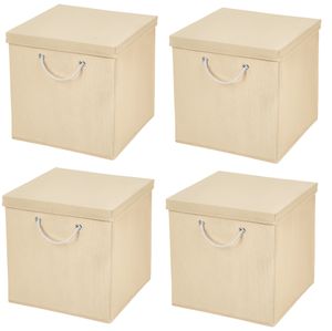 4 Stück Creme Faltbox 30 x 30 x 30 cm  Aufbewahrungsbox faltbar mit Kordel und mit Deckel
