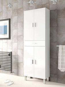 Mehrzweck-Kabinett Oxnard, Schrank für Badezimmer oder Waschküche mit 4 Türen und 1 Schublade, Mehrzweck-Schuhschrank, 60x29h182 cm, Glänzend Weiß