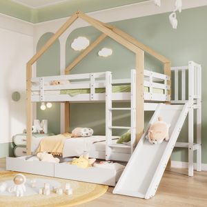 Flieks Etagenbett mit Rausfallschutz, Kinderbett mit Rutsche und Leiter, Hochbett mit 2 Schubladen, Hausbett Massivholzbett Stockbett 90x200cm, Weiß