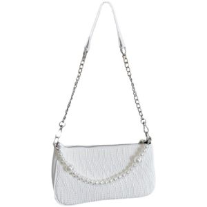 Damen Handtasche Klein Weiß Mini Schultertasche mit Perlenkette Weiß Umhängetasche Frau Vintage Handtasche Clutch Geldbörse Messenger Bag