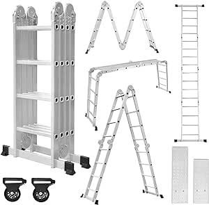 VA-Cerulean Mehrzweckleiter Multifunktionsleiter Leitergerüst Leiter, 2 Gerüstplatten und 2 Bodentraversen,16 Stufen, 4,7m Gesamtlänge, bis 150 kg