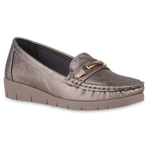 VAN HILL Damen Mokassins Slippers Bequeme Strass Profil-Sohle Schuhe 841231, Farbe: Grau Metallic, Größe: 37
