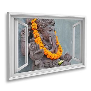 Bild auf Leinwand Fensterblick Ganesha mit balinesischen Barong Masken auf der Vorderseite des Tempels sitzend, geschmückt für religiöses Fest von Or Sagenhafter Effekt Wandbild Leinwandbild 100x57cm