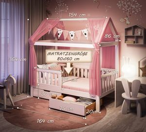 Alcube® Hausbett 80 x 160 cm Komplett-Set mit Schubladen Matratze und Deko Rosa, Rausfallschutz und Lattenrost, Kinderbett 80x160 cm für Mädchen und Jungen Kinderbetten aus massivem Kiefernholz