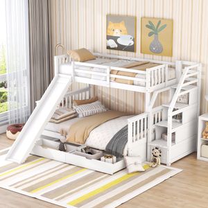 Flieks podkrovní postel 90x200cm/140x200cm, patrová postel s ochranou proti vypadnutí, dětská postel se skluzavkou a roštovým rámem, patrová postel z masivu se 2 zásuvkami a úložným schodištěm, bílá