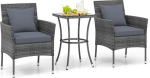 COSTWAY 3 TLG. Polyrattan Gartenmöbel mit Glastisch und Kissen, Rattanmöbel Sitzgruppe, Gartenset, Sitzgarnitur Balkon-Set, Gartengarnitur Grau