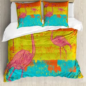 ABAKUHAUS Flamingo Bettbezug, Retro Vintage Flamingo, Milbensicher Allergiker geeignet mit Kissenbezügen, 155 cm x 220 cm - 80 x 80 cm, Mehrfarbig