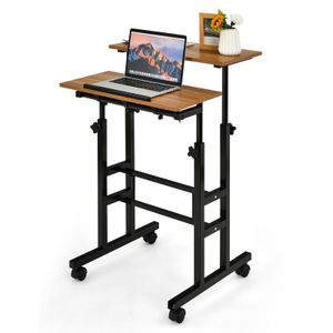 COSTWAY Výškově nastavitelný psací stůl na kolečkách, mobilní stojící stůl s dvouúrovňovou počítačovou pracovní stanicí, stolní pracovní stanice na notebook pro domácnost a kancelář, hnědá barva