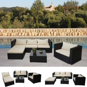 Poly-Rattan-Garnitur Busto, Gartengarnitur Sitzgruppe Sofa Lounge-Set  schwarz, Kissen creme