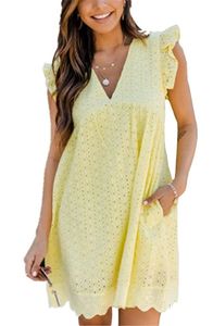 ASKSA Damen Elegant Rüschen Kleider Integriertem Shorts Sommer V-Ausschnitt Minikleid Kleid mit Taschen, Gelb, M