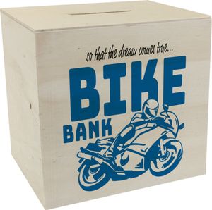 Bike Bank Spardose aus Holz in blau zum Thema Motorradkauf und Motorrad fahren