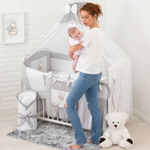 HAPPY 19 Teiliges Babybett Kinderbett und Bettwäsche komplett Set mit intrigierten rausfallschutz höhenverstellbar für Neugeborene Babys und Kleinkinder (Grau)