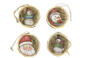 4er Set Anhänger mit Glitzer als Baumstamm Baumscheibe, vier verschiedene Motive, Schneemann & Weihnachtsmann aus Polyresin H.: 8,5cm Baumschmuck Fensterschmuck Geschenkanhänger