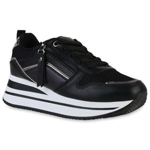 VAN HILL Damen Plateau Sneaker Schnürer Keilabsatz Zipper Metallic Schuhe 838332, Farbe: Schwarz Silber Metallic, Größe: 38