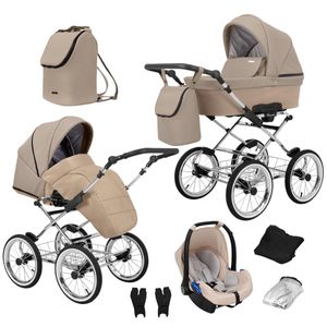 Retro Kinderwagen 3in1 2in1 Isofix Kombikinderwagen Set + Zubehör Farbauswahl Romantic Exclusive by ChillyKids Desert ROM-12 3in1 mit Babyschale