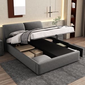 okwish Boxspringbett Polsterbett 140 x 200 cm mit verstellbares Kopfteil, Hydraulisches Stauraumbett mit 3 Schubladen und großer Bettkasten(Ohne Matratze)-Grau