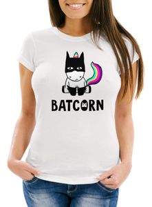 Damen T-Shirt Batcorn Einhorn Unicorn Slim Fit Moonworks® weiß XS