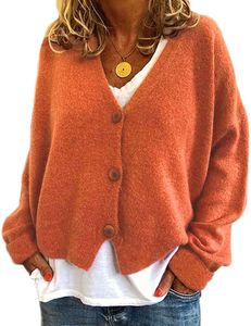 ASKSA Damen Strickpulli Lose Lässige Strickjacken V-Ausschnitt Einfarbig Knopf Strickjacke Pullover, Orange, M