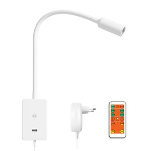 LED Wandleuchte Leselampe Nachttisch Wandmontage mit Schwanenhals und Fernbedienung, Wand Lampe Dimmbar für Schlafzimmer, mit 5V2A USB Ladeanschluss