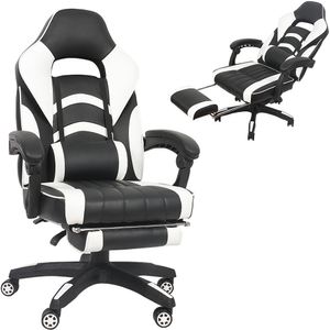 Mucola Gamingstuhl mit Fußstütze Schreibtischstuhl höhenverstellbar Bürostuhl Chefsessel Schalensitz Drehstuhl - Schwarz / Weiß
