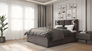 PREDAJ LEADER posteľ LONDON 120x200 cm čalúnená posteľ s dvoma zásuvkami, kompletná súprava s matracom a topperom (4 cm), hnedá, látka na posteľ INARI 24