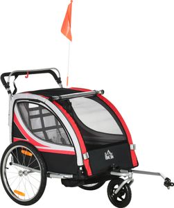 HOMCOM 2 v 1 dětský přívěs skládací přívěs na kolo s odnímatelným předním kolem, brzdy na zadním kole, dětský přívěs na kolo pro 2 děti od 18 měsíců, nosnost do 26,4 kg, červený