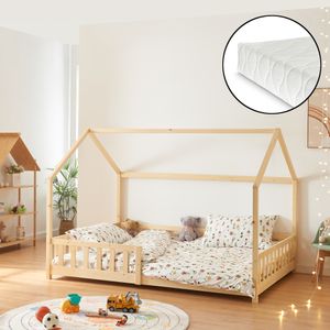 Hausbett ‘Hesel’ für Kinder mit Matratze Rausfallschutz Lattenrost 140 x 200 cm Holzoptik