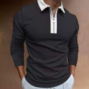 Herren Langarm Einfarbig Poloshirts Casual Reißverschluss Sweater Polo Shirt Gestreift mit Kragen