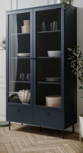 Vitrine "Barina" großer Vitrinenschrank in dunklem blau 100 x 183 cm, 8 Fächer und 2 Schubladen