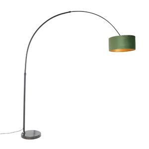 QAZQA - Modern Bogenlampe schwarzer Samtschirm grün mit Gold I Messing 50 cm - XXL I Wohnzimmer I Schlafzimmer - Stahl Länglich I Zylinder I Rund - LED geeignet E27