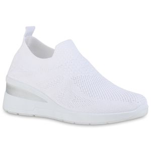 VAN HILL Damen Sneaker Keilabsatz Strick Profil-Sohle Stoff-Schuhe 840165, Farbe: Weiß, Größe: 39