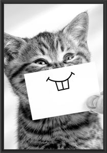 Lustige Katze mit Lächeln auf Papier, Monochrome im Schattenfugen Bilderrahmen / Format: 100x70 im Schattenfugen-Bilderrahmen / Kunstdruck auf hochwertigem Galeriekarton / hochwertige Leinwandbild Alternative