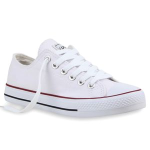 Mytrendshoe Damen Sneakers Sportschuhe Schnürer Schuhe 94237, Farbe: Weiß Rotstreifen Lucky, Größe: 44